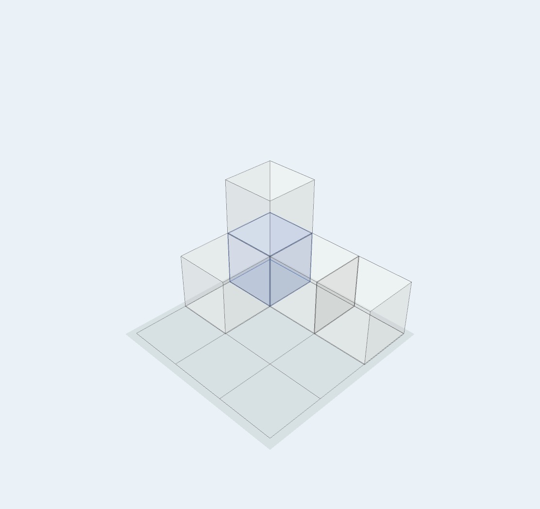 A block model in See-through mode, revealing a hidden blue block through translucent faces