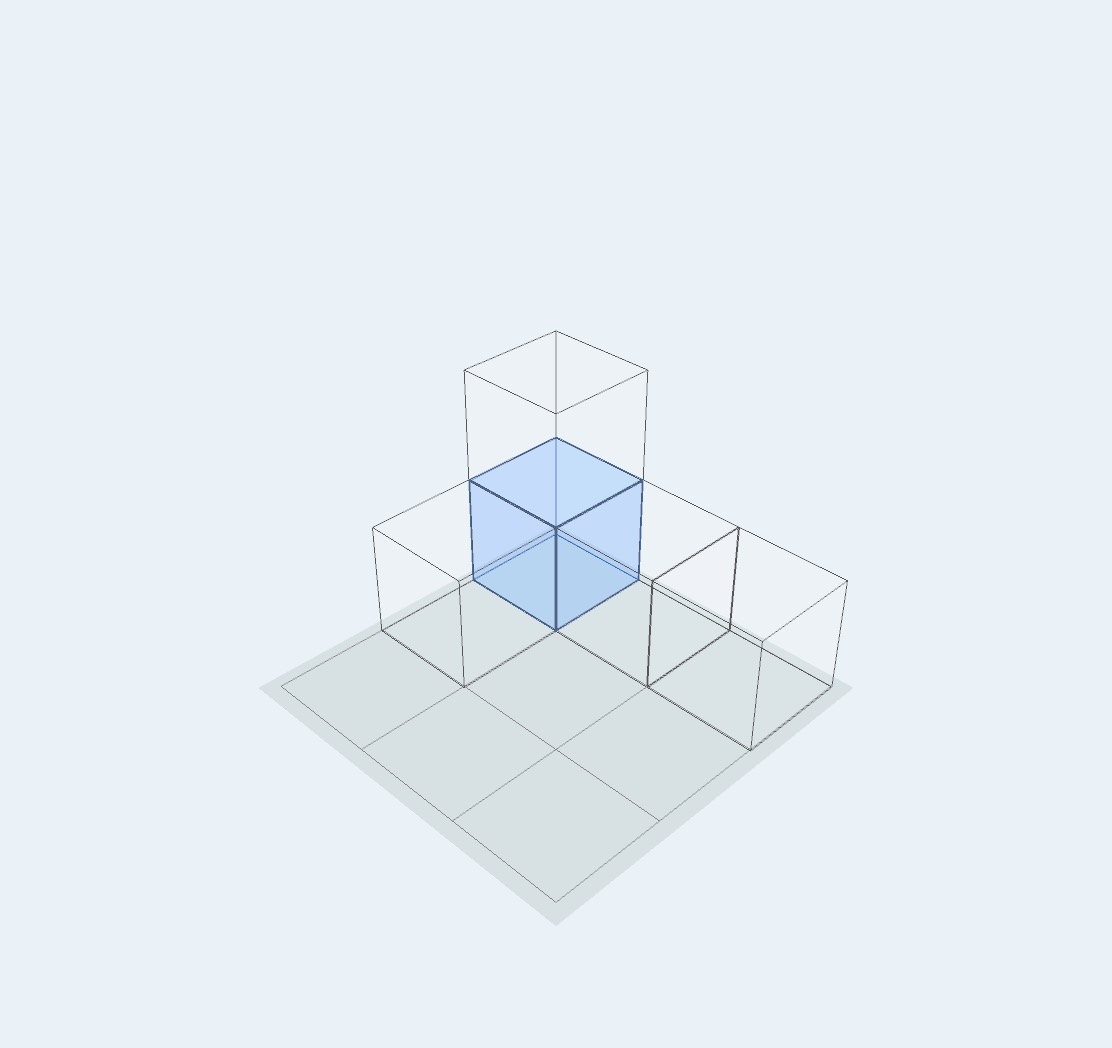 The same model in Wire mode, showing the outline and position of the hidden blue block