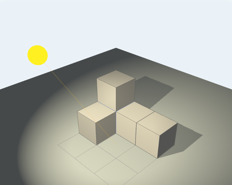 A yellow light source to the left of the blocks, with shadows extending to the right