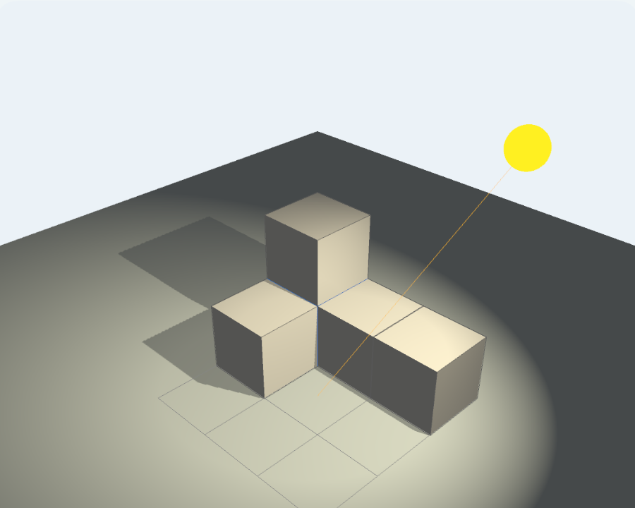 A yellow light source to the right of the blocks, with shadows extending to the left